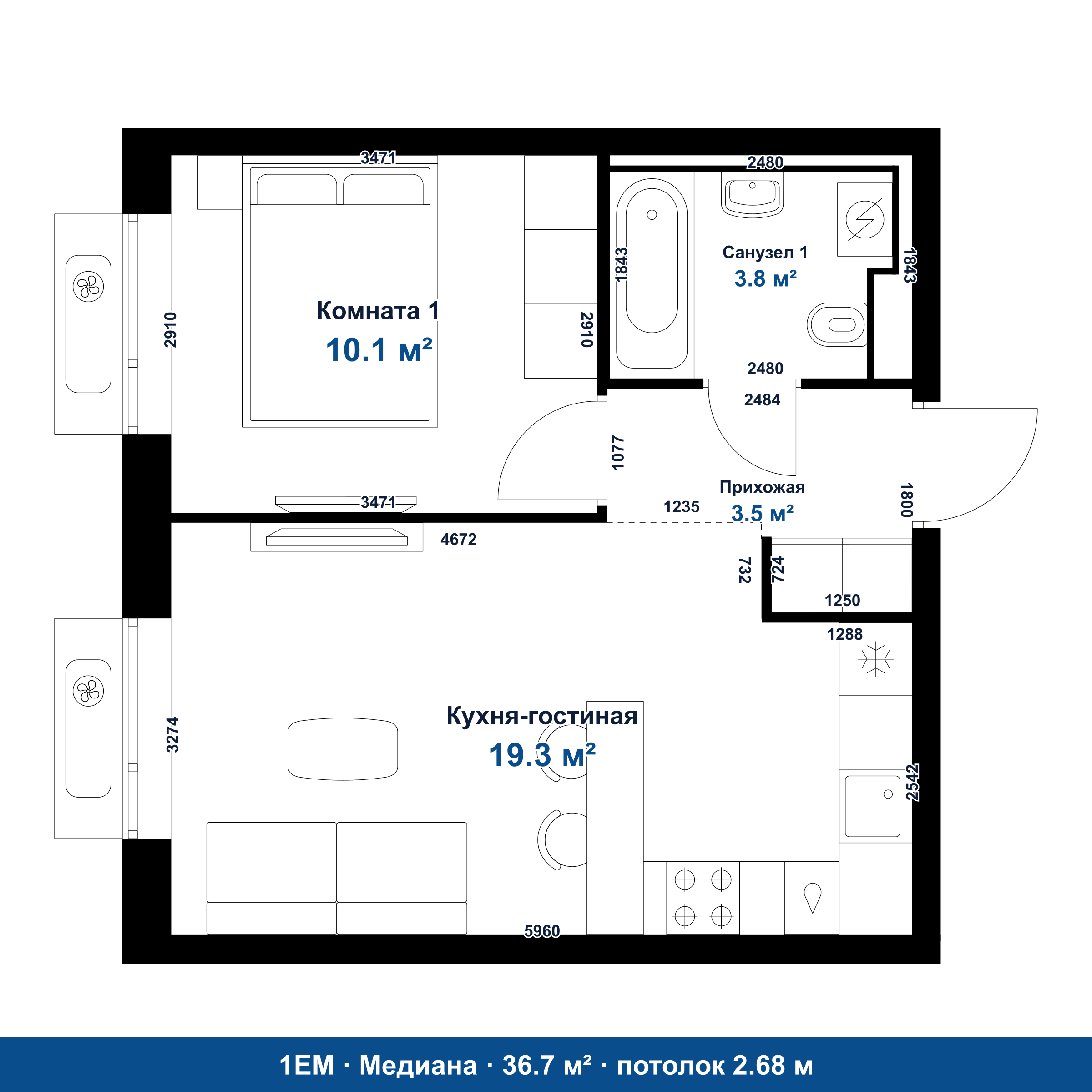 План 1EM 36.7 м²